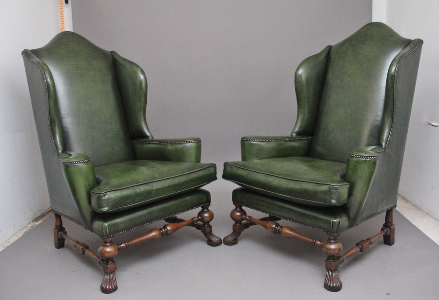 large pair of early 20th century walnut wingback armchairs